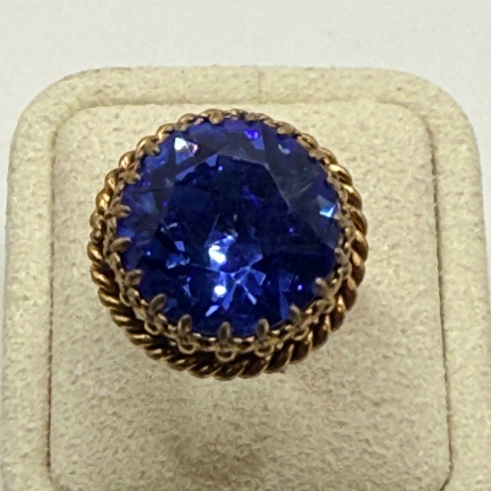 Vintage Gold Tone Blue Rhinestone Ring Adjustable Prong Set Cocktail